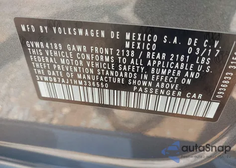 2017 Volkswagen Jetta 1.4T Se из США, поврежденный, VIN 3VWDB7AJ1HM336550